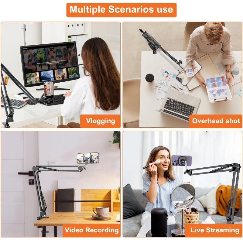Magnetic Phone Mount Black Aluminum Alloy: 15N Strong Magnetic Force - Flexible 2-Section Boom Arm Magnetic Phone Stand for Desk Live Streaming, Video Recording, Home Office - Image 2