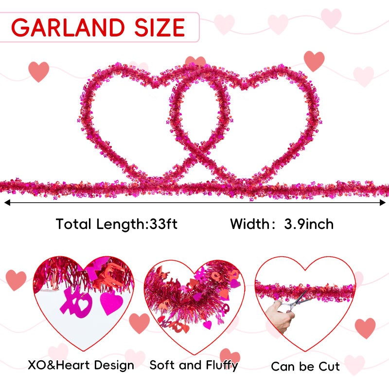 CIPOWM 33FT Valentines Tinsel Garland, Red Pink Metallic Twist Foil Tinsel Garland with Heart Ornament Hanging Heart Garland for Valentines Wedding Birthday Party Indoor Outdoor Decoration - Image 2