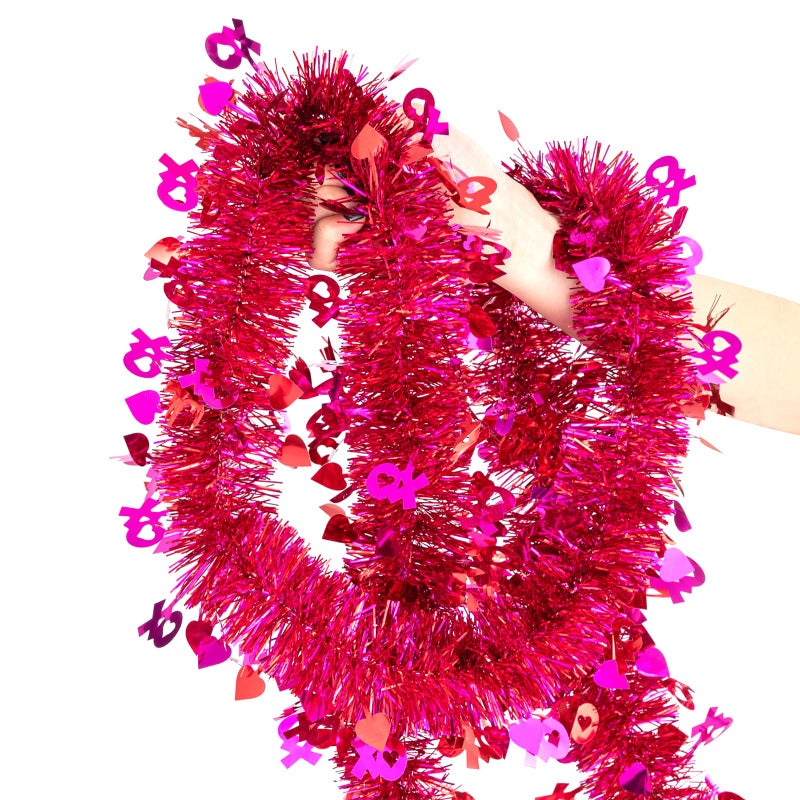 CIPOWM 33FT Valentines Tinsel Garland, Red Pink Metallic Twist Foil Tinsel Garland with Heart Ornament Hanging Heart Garland for Valentines Wedding Birthday Party Indoor Outdoor Decoration - Image 1