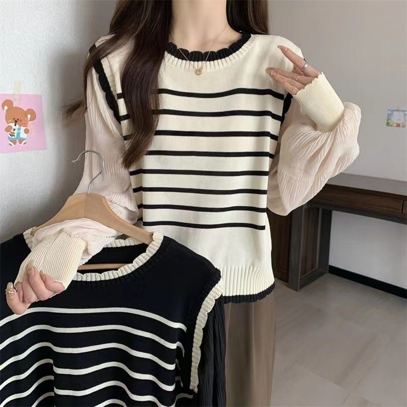 Slimming Striped Chiffon Puff Sleeve Knit Top Black Stripe  - Image 3