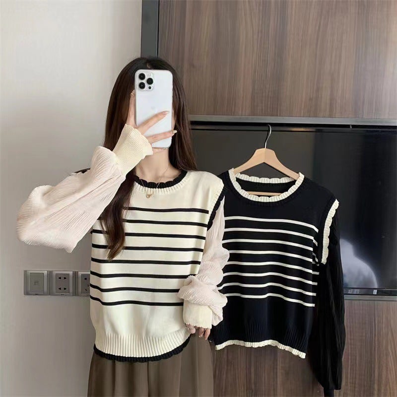 Slimming Striped Chiffon Puff Sleeve Knit Top Black Stripe  - Image 4