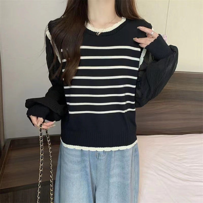 Slimming Striped Chiffon Puff Sleeve Knit Top Black Stripe  - Image 1