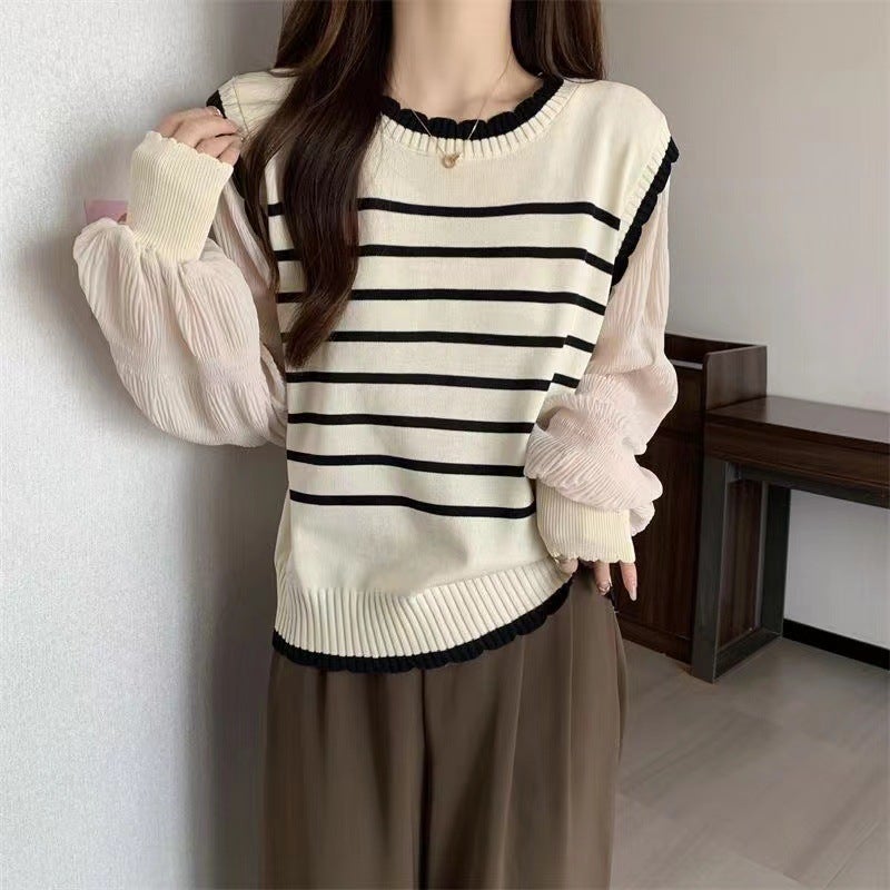 Slimming Striped Chiffon Puff Sleeve Knit Top Black Stripe  - Image 2