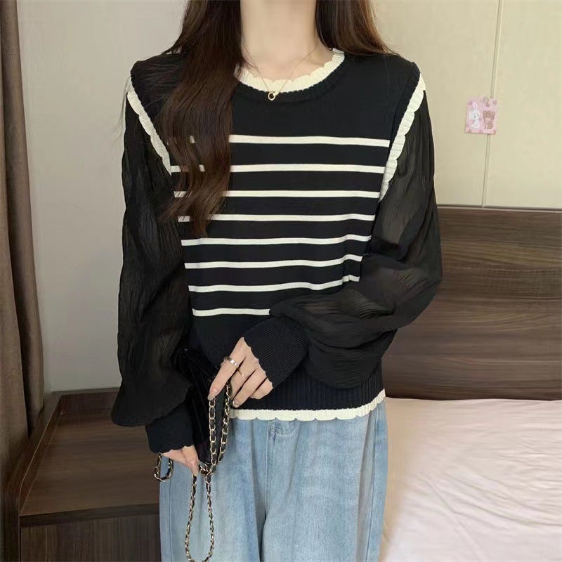 Slimming Striped Chiffon Puff Sleeve Knit Top Black Stripe  - Image 5