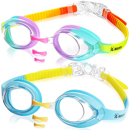 Keary 2 Pack Kids Swim Goggles Swimming Goggles for Toddler Children Girls Boys Youth, Anti-Fog Waterproof UV Protection Crystal Clear Flat Lens Water Pool Goggles with 3 Nose Piece, Kids Goggles 3-9 - Image 1