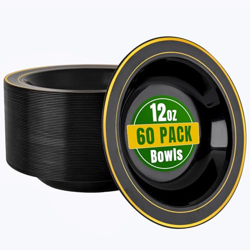 bUCLA 60 Pack Black Plastic Bowls with Gold Rim  12 oz Plastic Soup Bowls Disposable for Wedding Party Gathering