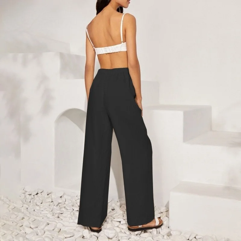 Barbora Linen Casual Trousers with Waist Tie LN14BLACK4