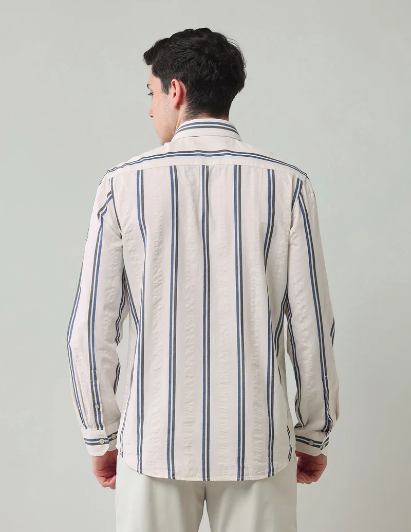 Arrow Beige Vertical Striped Slim Fit Shirt for Men | Best Price UAE