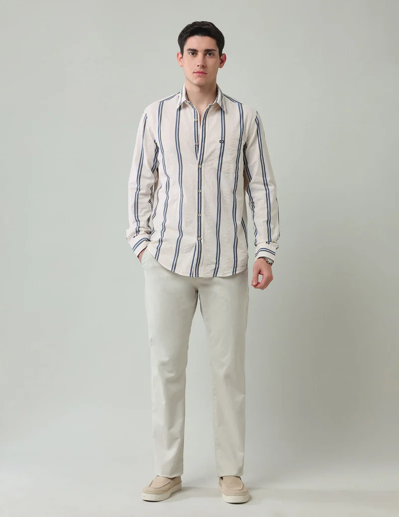Arrow Beige Vertical Striped Slim Fit Shirt for Men | Best Price UAE