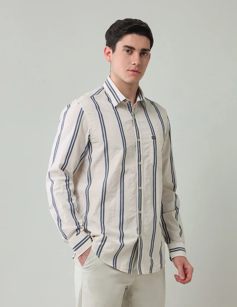 Arrow Beige Vertical Striped Slim Fit Shirt for Men | Best Price UAE
