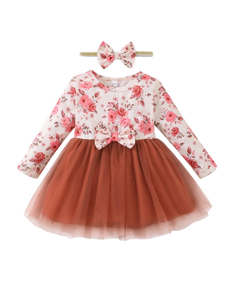 Mioglrie Baby Girl Dress Newborn Baby Girl Dresses 3-6 Months Infant Fall Winter Ruffle Long Sleeve Khaki Tutu Tulle Skirt Headband Clothes Outfits - Image 1