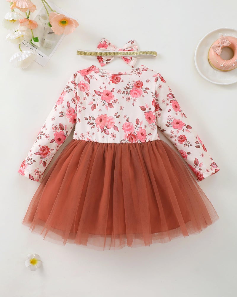 Mioglrie Baby Girl Dress Newborn Baby Girl Dresses 3-6 Months Infant Fall Winter Ruffle Long Sleeve Khaki Tutu Tulle Skirt Headband Clothes Outfits - Image 3