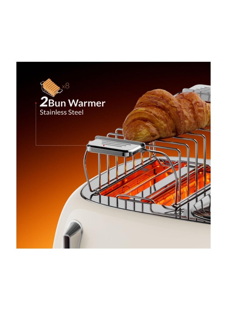 Feller Germany, Retro Style 4-Slice Toaster, 1630 W, Steel Body, 2 Dust Covers & 2 Bun Warmers, Defrost, Reheat, & Cancel Function, 4 Extra wide Bread Slots, Removable Crumb Tray - Image 2