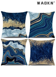 Decorative Pillow Covers, Navy Blue and Gold Marble Throw Pillow Cover,18x18 Square Blue Cushion Cover, Abstract Throw Pillows Case, Sofa Living Room Couch Home Decor Pillowcase Set of 4