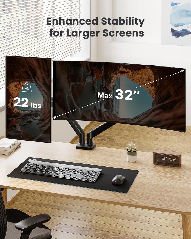 ErGear Dual Monitor Mount, Gas Spring Arm for 17"-32" Screens, Max 22 lbs Each, VESA 75/100mm, Adjustable Height, 180° Swivel, Tilt, 360° Rotation, Sturdy Steel for Office Use - Image 2
