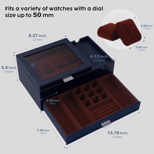 Dajasan Watch Box, Watch Case for Men, 8 Slot Watch Display Case with Glass Lid, Large Watch Holder Organizer, Watch Storage Case for Father's Day, Birthday, Christmas, New Year (Blue) - Image 2