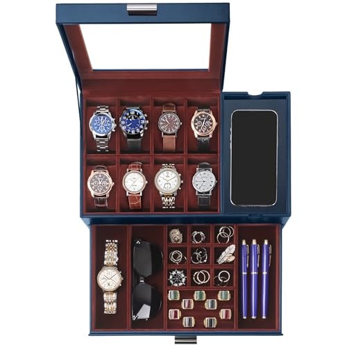Dajasan Watch Box, Watch Case for Men, 8 Slot Watch Display Case with Glass Lid, Large Watch Holder Organizer, Watch Storage Case for Father's Day, Birthday, Christmas, New Year (Blue) - Image 1