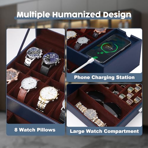 Dajasan Watch Box, Watch Case for Men, 8 Slot Watch Display Case with Glass Lid, Large Watch Holder Organizer, Watch Storage Case for Father's Day, Birthday, Christmas, New Year (Blue) - Image 5