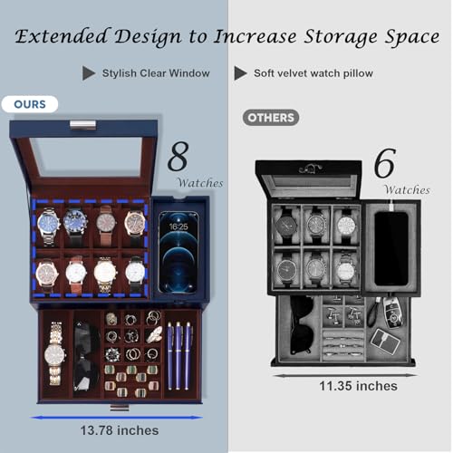 Dajasan Watch Box, Watch Case for Men, 8 Slot Watch Display Case with Glass Lid, Large Watch Holder Organizer, Watch Storage Case for Father's Day, Birthday, Christmas, New Year (Blue) - Image 3