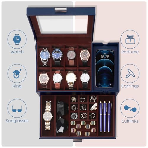 Dajasan Watch Box, Watch Case for Men, 8 Slot Watch Display Case with Glass Lid, Large Watch Holder Organizer, Watch Storage Case for Father's Day, Birthday, Christmas, New Year (Blue) - Image 4