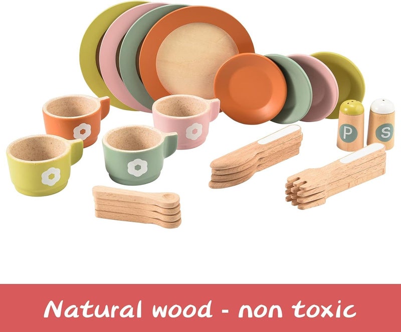 Giant bean 27PCS Wooden Toy Plates and Dishes for Kitchen Set, Wooden Play Kitchen Accessories for Girls and Boys, Montessori Toys, Christmas Birthday Gift for Kids - Image 2
