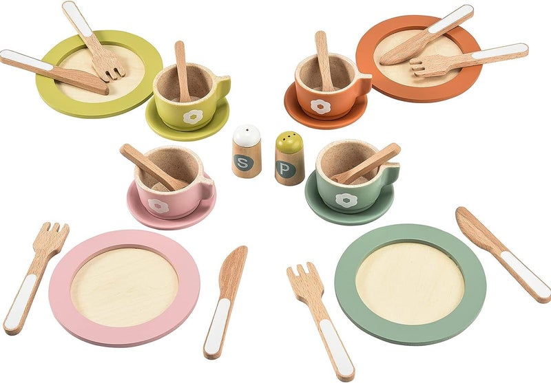 Giant bean 27PCS Wooden Toy Plates and Dishes for Kitchen Set, Wooden Play Kitchen Accessories for Girls and Boys, Montessori Toys, Christmas Birthday Gift for Kids - Image 1