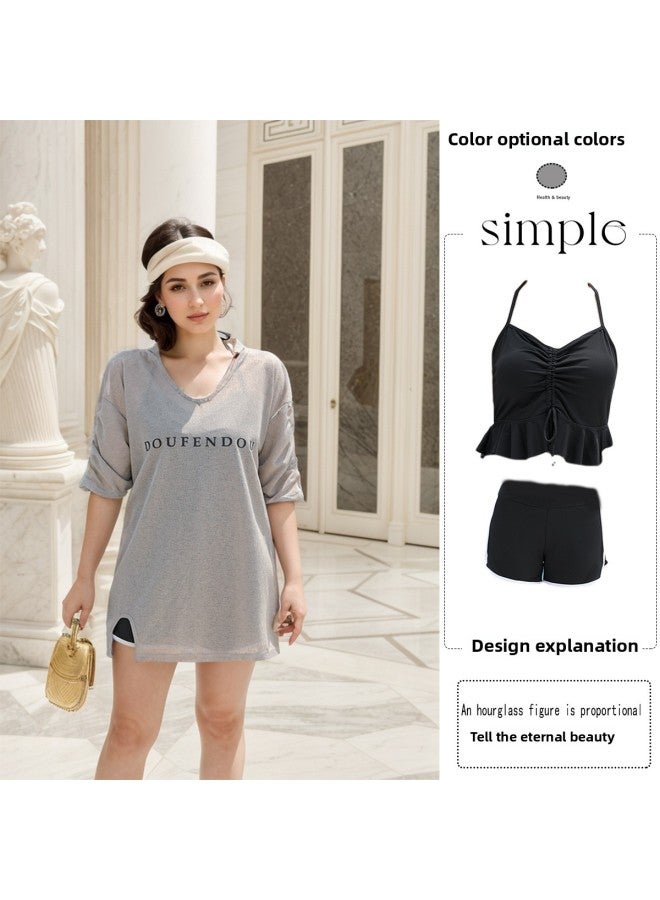 2024 Swimsuit Women's Plus Size Chubby Girl Split Boxers Three-piece Conservative Slimming Student Hot Spring Swimsuit-Color:gray Three-piece Set-