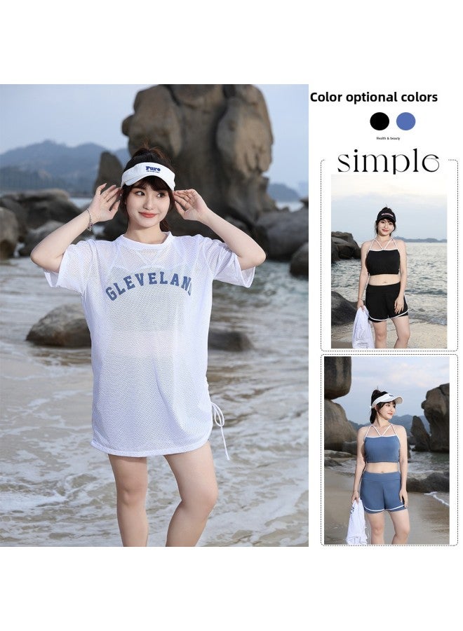 2024 Swimsuit Women's Plus Size Chubby Girl Split Boxers Three-piece Conservative Slimming Student Hot Spring Swimsuit-Color:gray Three-piece Set-