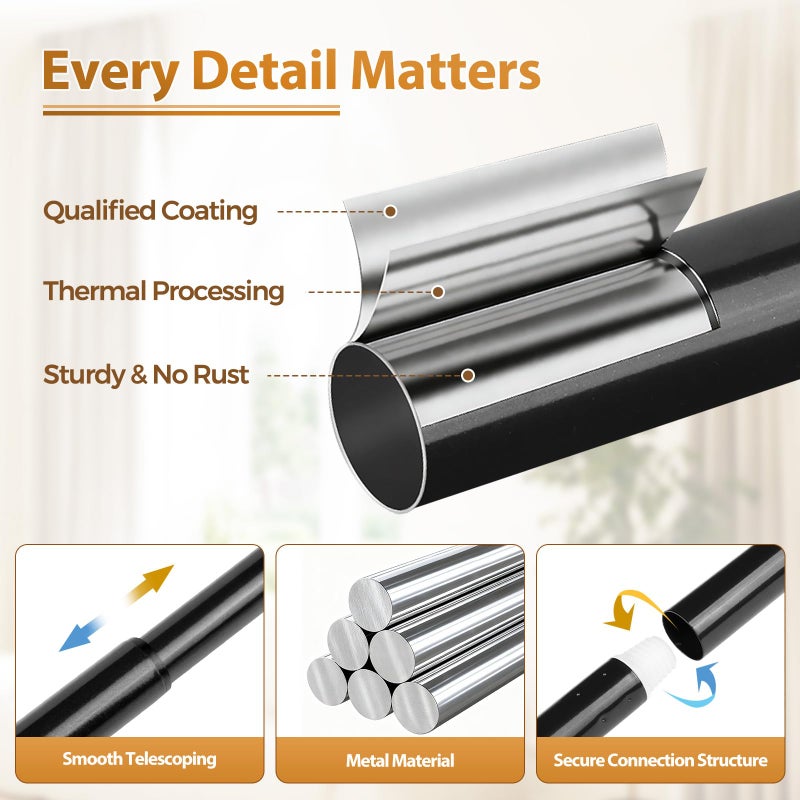TONIAL Curtain Rod 32 to 58 Inch(2.6-4.8ft), Telescoping Splicing 3/4 Drapery Rods for Windows 20 to 53 Inch(1.7-4.4ft), Decorative Single Rod with Small Cap Finial, Black - Image 3