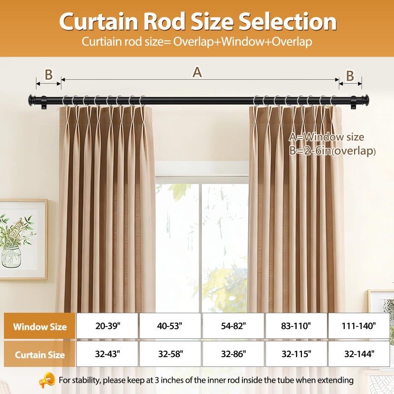 TONIAL Curtain Rod 32 to 58 Inch(2.6-4.8ft), Telescoping Splicing 3/4 Drapery Rods for Windows 20 to 53 Inch(1.7-4.4ft), Decorative Single Rod with Small Cap Finial, Black - Image 5