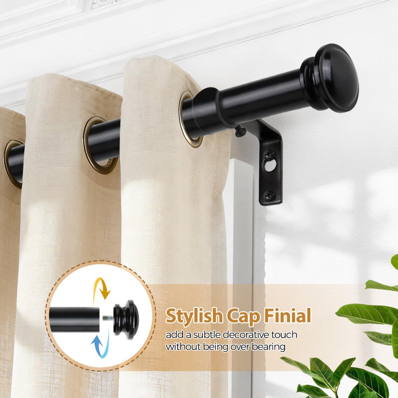 TONIAL Curtain Rod 32 to 58 Inch(2.6-4.8ft), Telescoping Splicing 3/4 Drapery Rods for Windows 20 to 53 Inch(1.7-4.4ft), Decorative Single Rod with Small Cap Finial, Black - Image 2