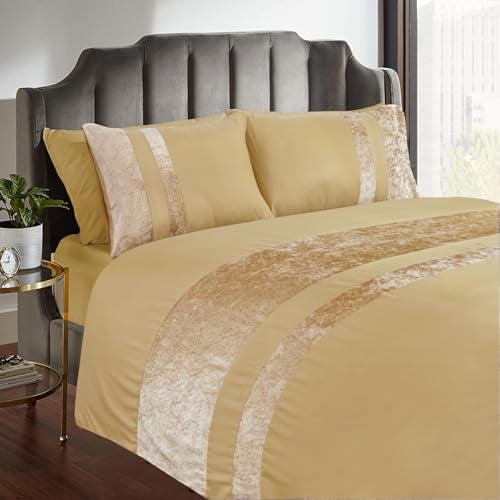 Casabella Luxury Crushed Velvet Panel Band Duvet Cover Sets with Pillow Case King Size Duvet Cover Bedding Set  Beige Crush Velvet King Duvet Cover Sets
