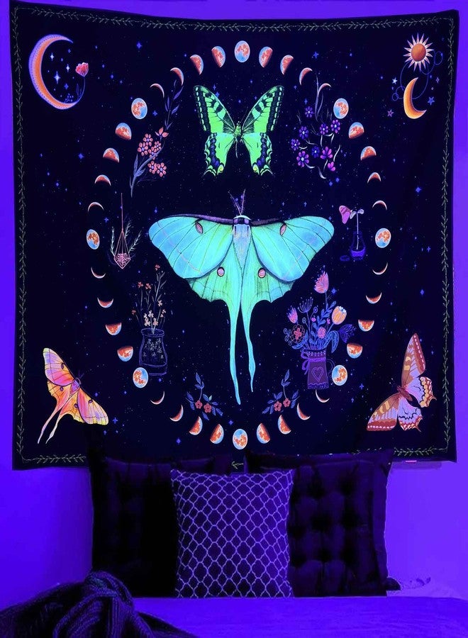 Algasan Blacklight Moth Moon Phase Tapestry Boho Butterfly Moon Wall Tapestry UV Reactive Botanical Plants Sun Floral Aesthetic Tapestries for Bedroom Living Room Dorm 35 x 47 Inch - Image 3