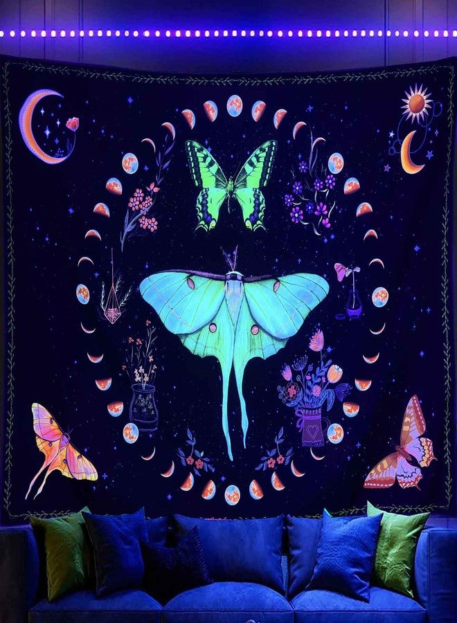 Algasan Blacklight Moth Moon Phase Tapestry Boho Butterfly Moon Wall Tapestry UV Reactive Botanical Plants Sun Floral Aesthetic Tapestries for Bedroom Living Room Dorm 35 x 47 Inch - Image 1