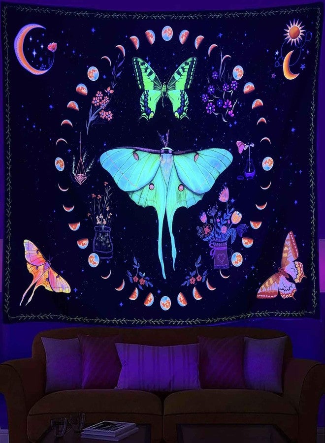 Algasan Blacklight Moth Moon Phase Tapestry Boho Butterfly Moon Wall Tapestry UV Reactive Botanical Plants Sun Floral Aesthetic Tapestries for Bedroom Living Room Dorm 35 x 47 Inch - Image 2