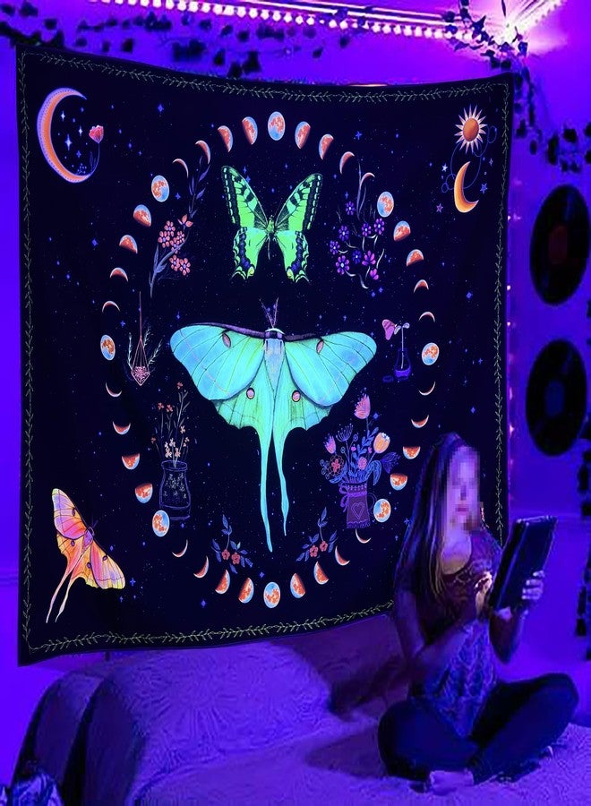 Algasan Blacklight Moth Moon Phase Tapestry Boho Butterfly Moon Wall Tapestry UV Reactive Botanical Plants Sun Floral Aesthetic Tapestries for Bedroom Living Room Dorm 35 x 47 Inch - Image 4