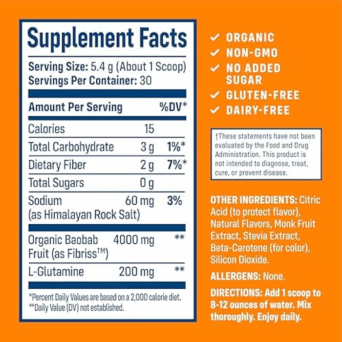 NativePath Organic Baobab Prebiotic Fiber Powder - Digestive Health Supplement - Natural Orange Flavor, 30 Servings - Image 2