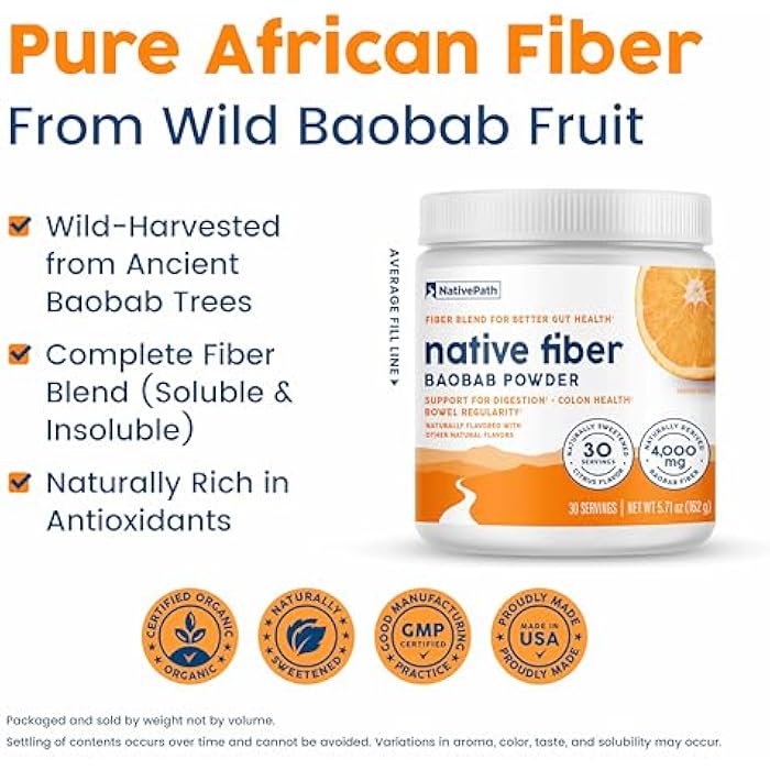 NativePath Organic Baobab Prebiotic Fiber Powder - Digestive Health Supplement - Natural Orange Flavor, 30 Servings - Image 4