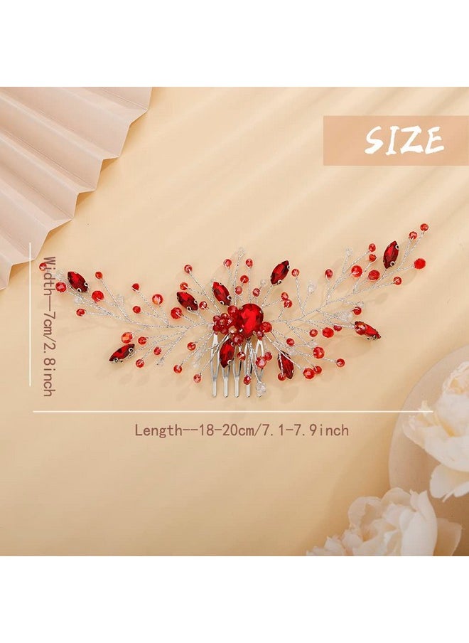 Aimimier - Bridal Red Crystal Hair Comb Ruby Hair Gems Silver Headband Prom Party Festival Wedding Hair Accessories For Women And Girls(Red) - Image 1