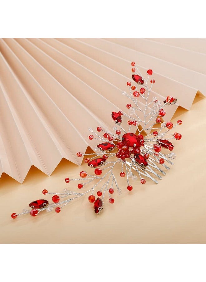 Aimimier - Bridal Red Crystal Hair Comb Ruby Hair Gems Silver Headband Prom Party Festival Wedding Hair Accessories For Women And Girls(Red) - Image 1