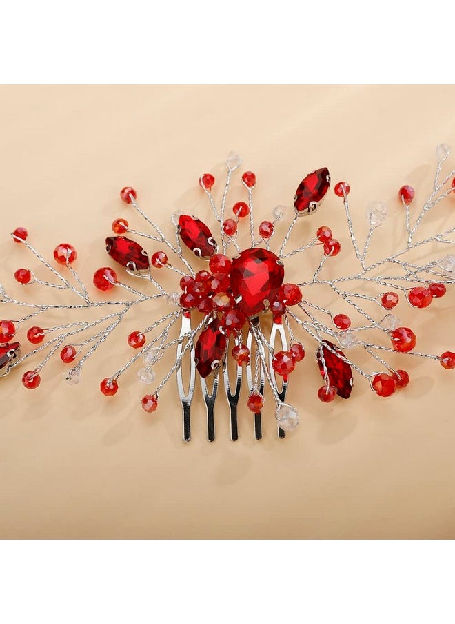 Aimimier - Bridal Red Crystal Hair Comb Ruby Hair Gems Silver Headband Prom Party Festival Wedding Hair Accessories For Women And Girls(Red) - Image 1