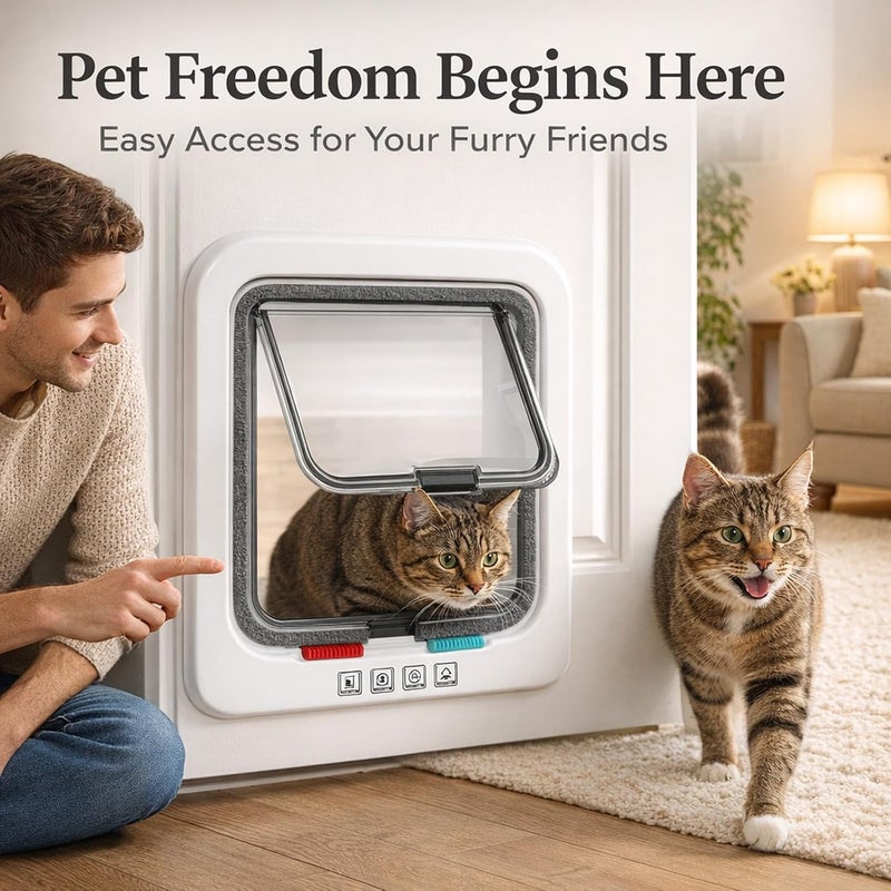 Cat Door Flap with 4 - Way Lockable System, M Size, White Plastic - Weatherproof Double - Flap, Easy DIY Installation, Suitable for Small Dogs and Cats - Image 4