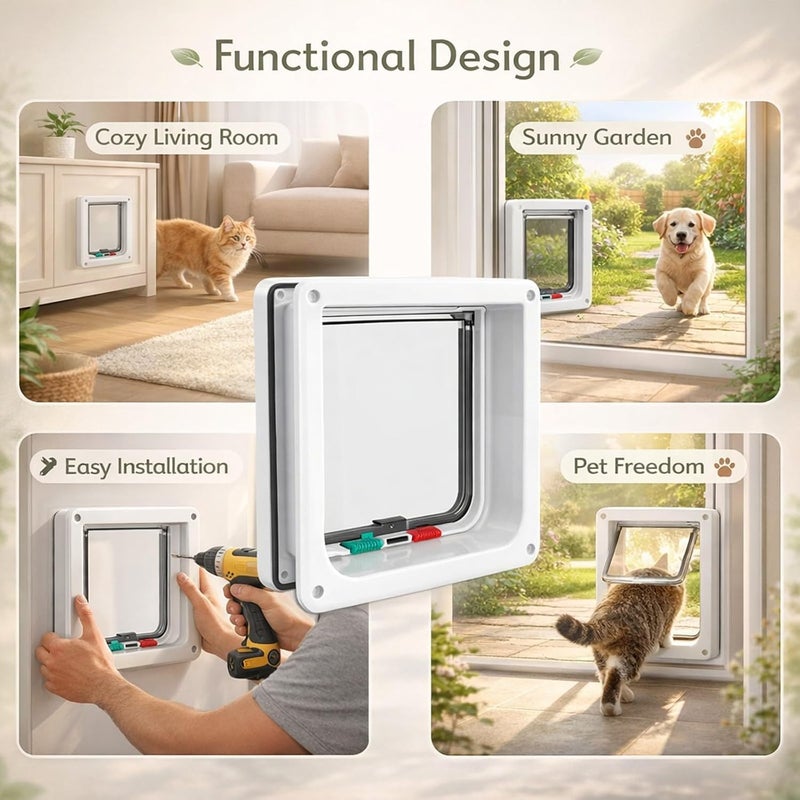 Cat Door Flap with 4 - Way Lockable System, M Size, White Plastic - Weatherproof Double - Flap, Easy DIY Installation, Suitable for Small Dogs and Cats - Image 3