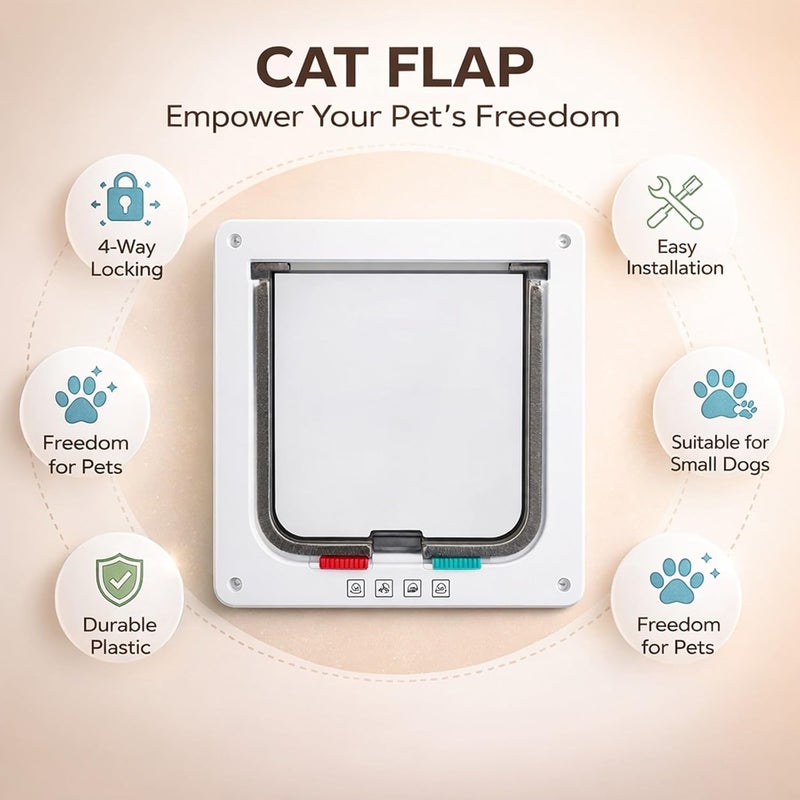 Cat Door Flap with 4 - Way Lockable System, M Size, White Plastic - Weatherproof Double - Flap, Easy DIY Installation, Suitable for Small Dogs and Cats - Image 2