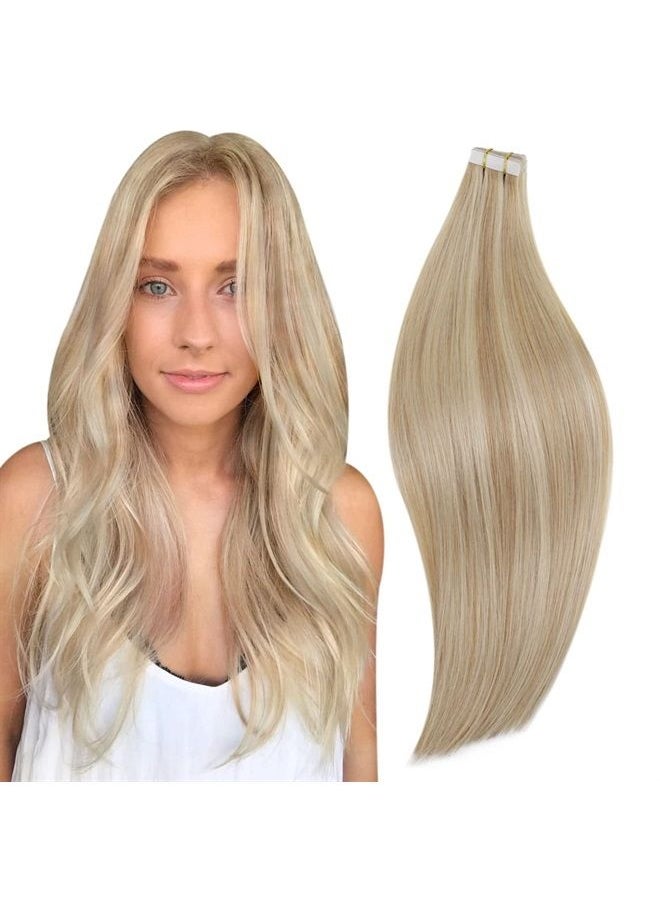 RUNATURE Blonde Tape in Hair Extensions Human Hair Straight Tape in Human Hair Extensions Ash Blonde Highlight Platinum Blonde Human Hair Extensions Tape in 12 Inches 30g 20 Pieces Skin Weft  - Image 1