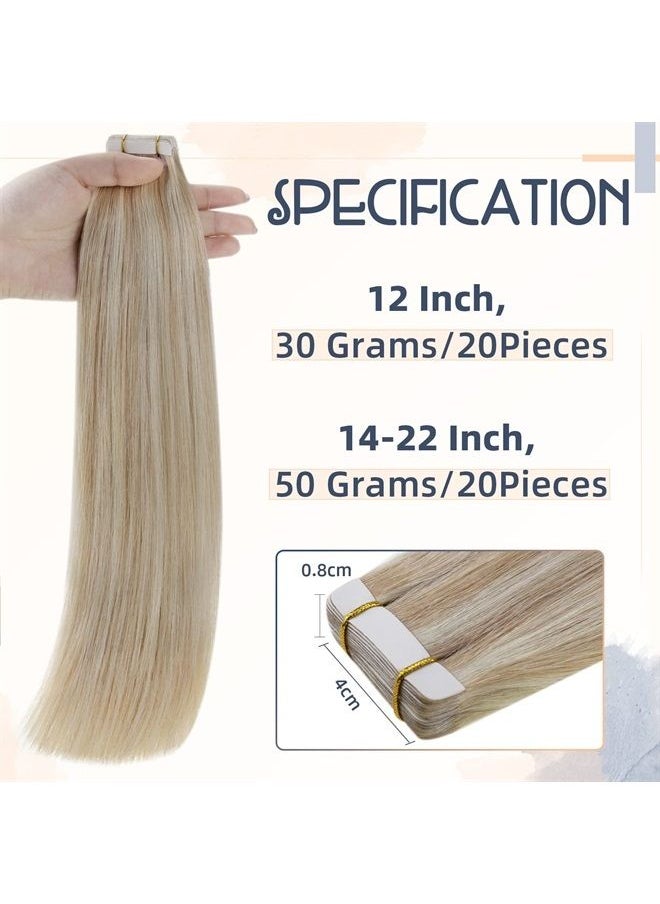 RUNATURE Blonde Tape in Hair Extensions Human Hair Straight Tape in Human Hair Extensions Ash Blonde Highlight Platinum Blonde Human Hair Extensions Tape in 12 Inches 30g 20 Pieces Skin Weft  - Image 5