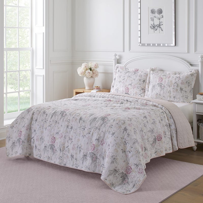 Laura Ashley - Twin Quilt Set, Reversible Cotton Bedding with Matching Sham, Lightweight Home Decor for All Seasons (Breezy Floral Pink/Grey, Twin) - Image 2