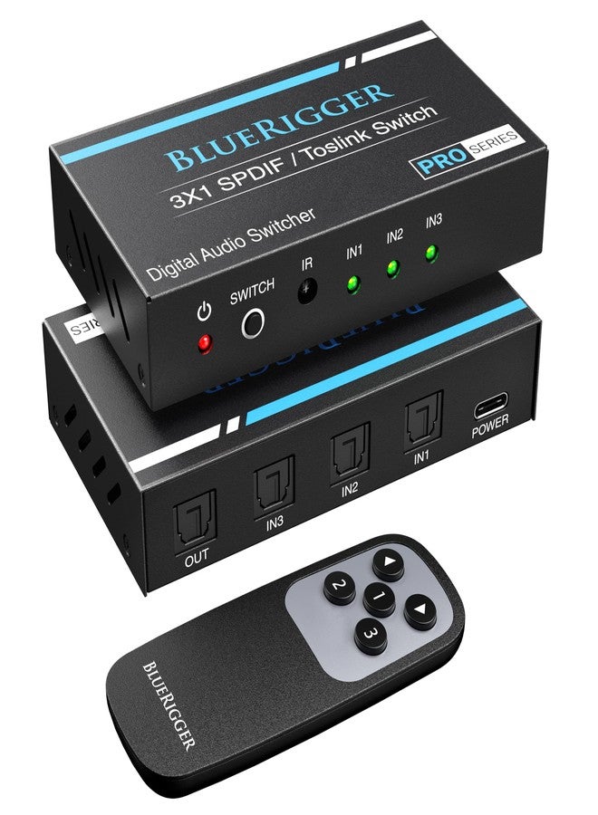 BlueRigger Digital Toslink Optical 3x1 Switch - (LPCM 2.0, SPDIF Optical Audio Switcher with IR Remote Control, 3 in 1 Fiber Optic Switch) - Compatible with Gaming Console, HDTV, Amplifier, Soundbar - Image 1
