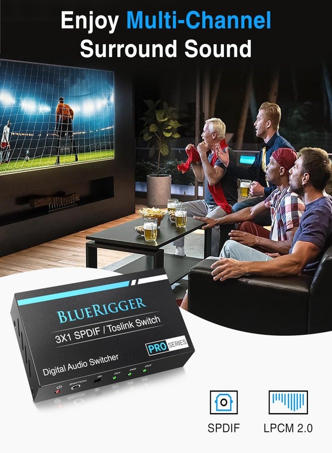 BlueRigger Digital Toslink Optical 3x1 Switch - (LPCM 2.0, SPDIF Optical Audio Switcher with IR Remote Control, 3 in 1 Fiber Optic Switch) - Compatible with Gaming Console, HDTV, Amplifier, Soundbar - Image 4