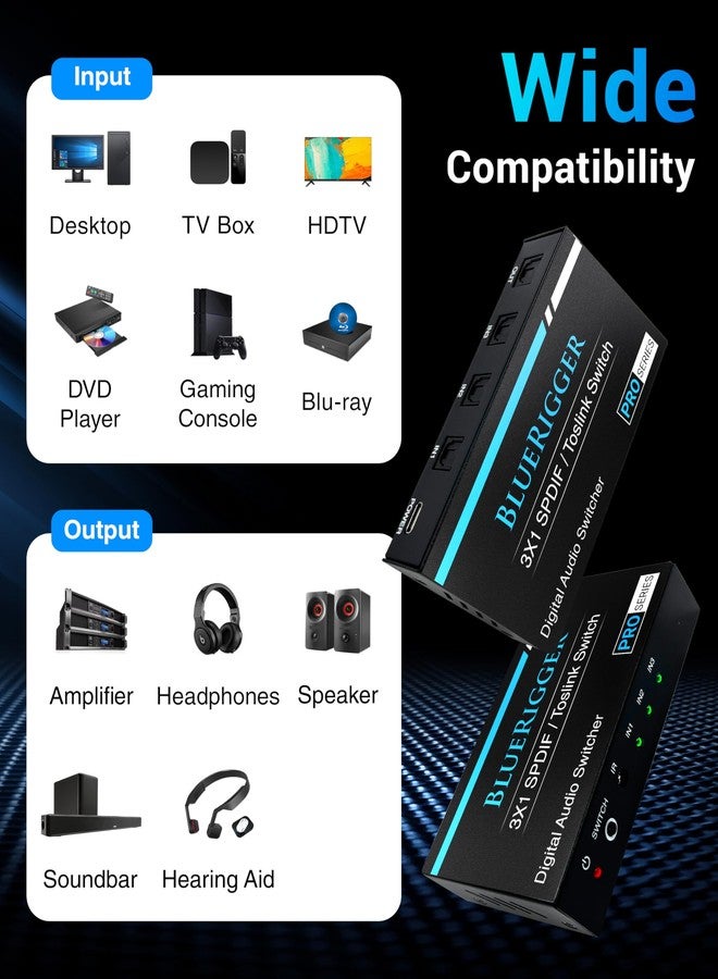 BlueRigger Digital Toslink Optical 3x1 Switch - (LPCM 2.0, SPDIF Optical Audio Switcher with IR Remote Control, 3 in 1 Fiber Optic Switch) - Compatible with Gaming Console, HDTV, Amplifier, Soundbar - Image 3